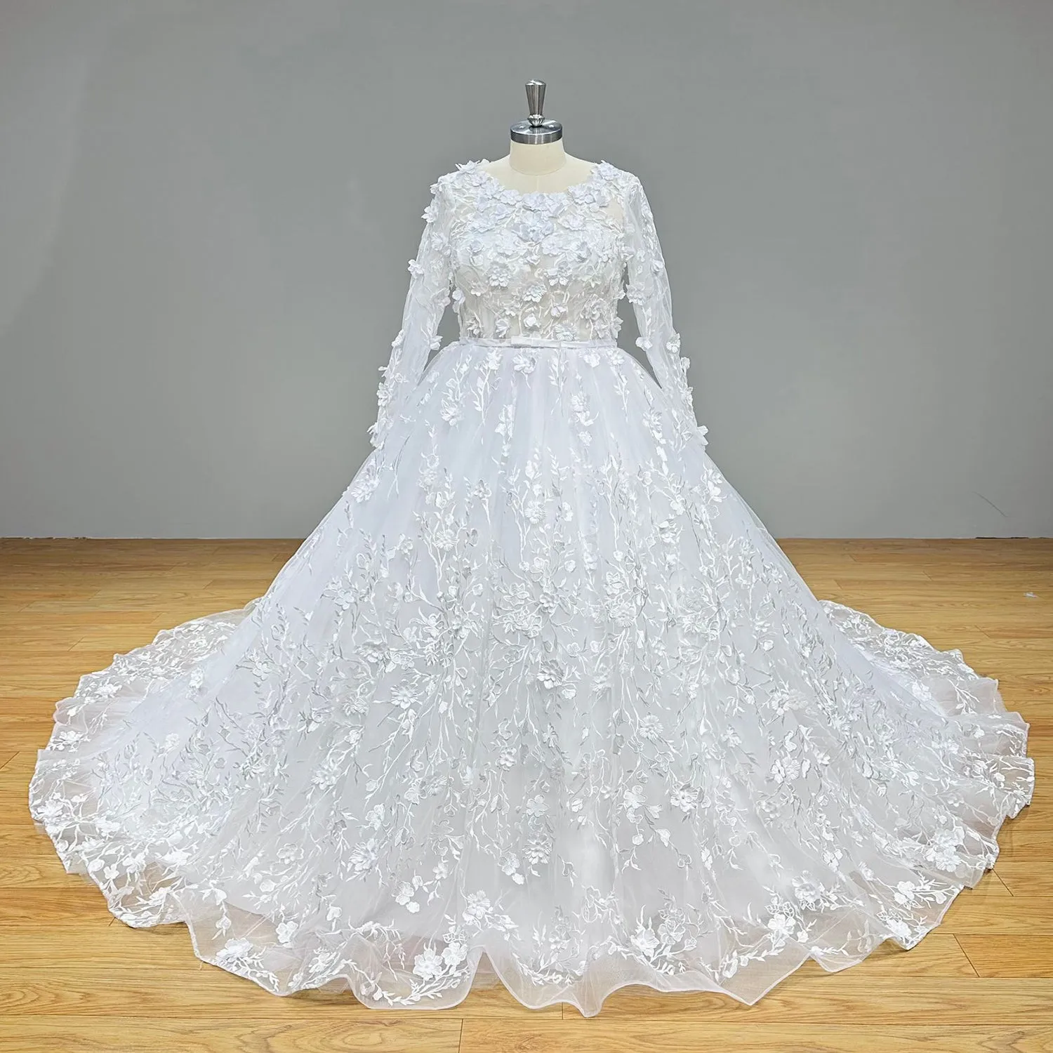 3D Flowers Ball Gown Wedding Dress with Long Sleeves Satin Belt and Vintage Detail