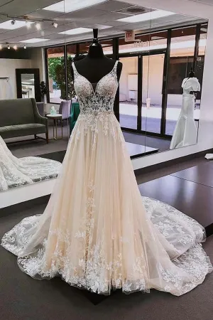 A Line Champagne Tulle Lace Wedding Dress Backless Birdal Dress