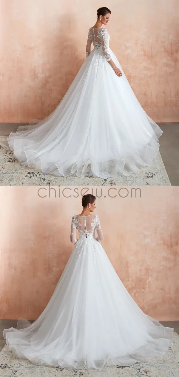 A-line Round Neck Long Sleeves Lace Long Romantic Popular Wedding Dresses LMX1176