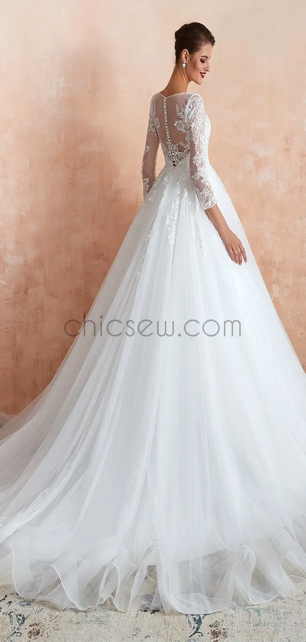 A-line Round Neck Long Sleeves Lace Long Romantic Popular Wedding Dresses LMX1176