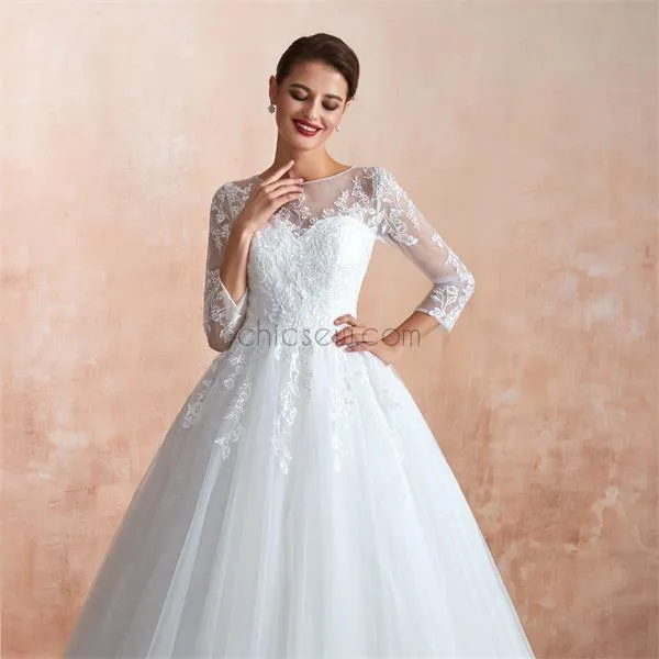 A-line Round Neck Long Sleeves Lace Long Romantic Popular Wedding Dresses LMX1176