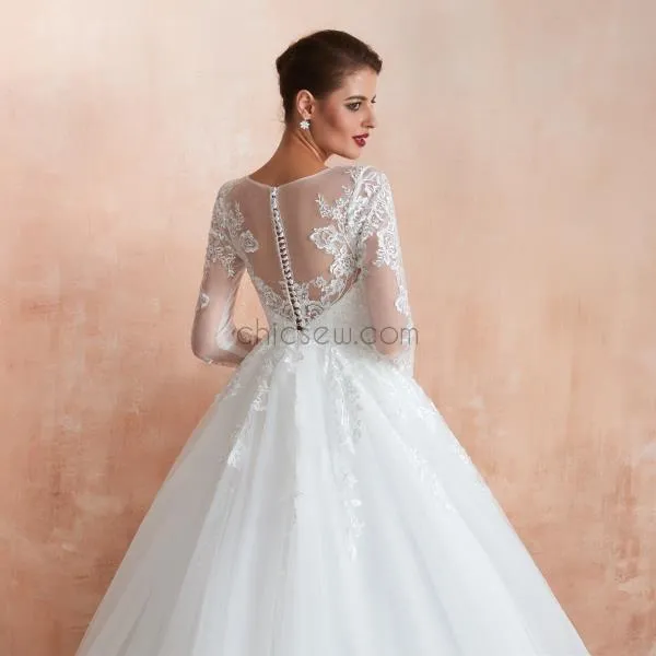 A-line Round Neck Long Sleeves Lace Long Romantic Popular Wedding Dresses LMX1176