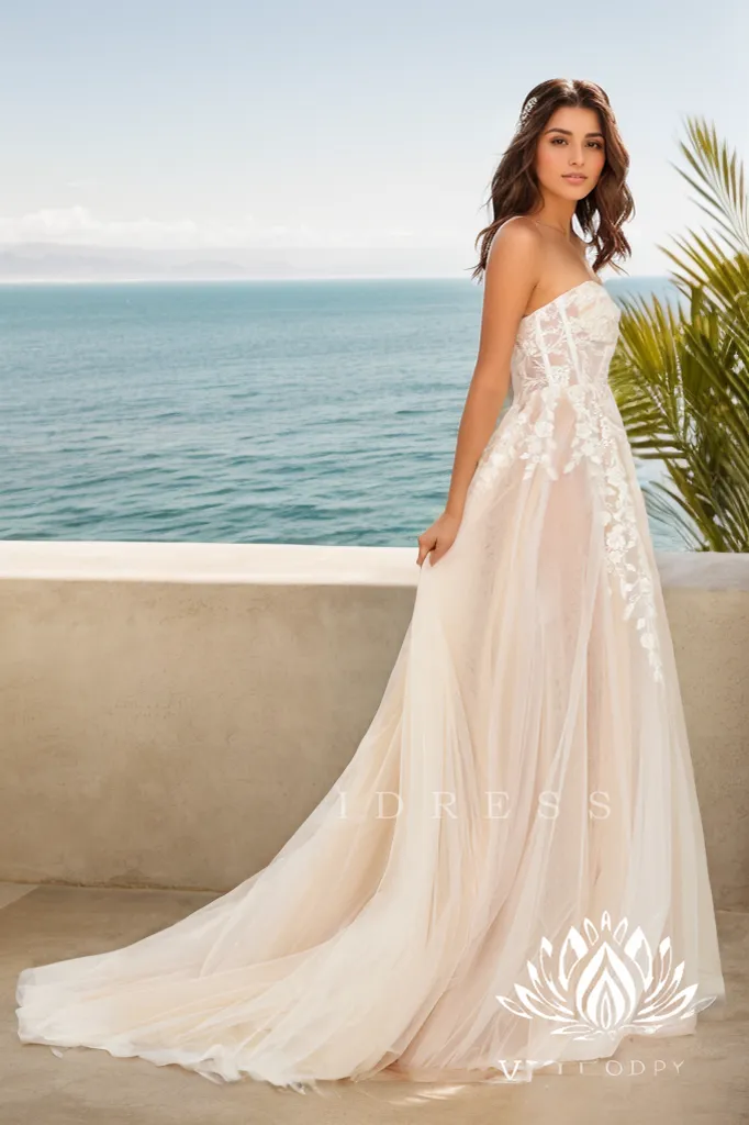 A Line Sweetheart Champagne Tulle Wedding Dresses VK073185