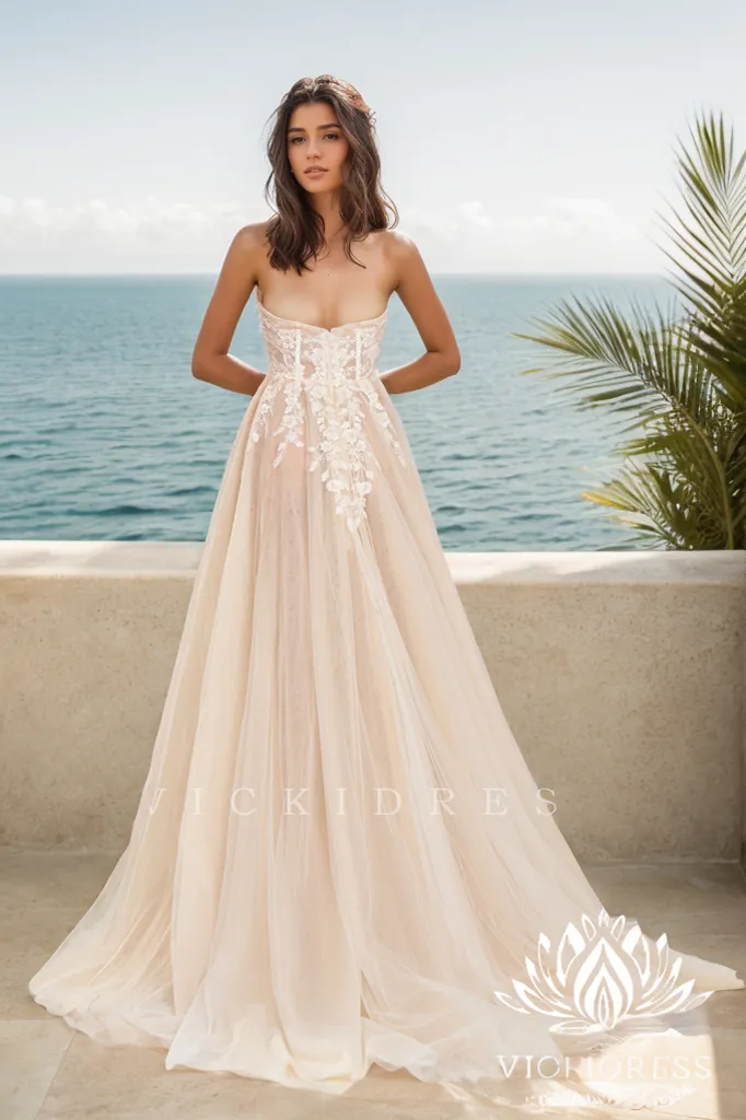 A Line Sweetheart Champagne Tulle Wedding Dresses VK073185
