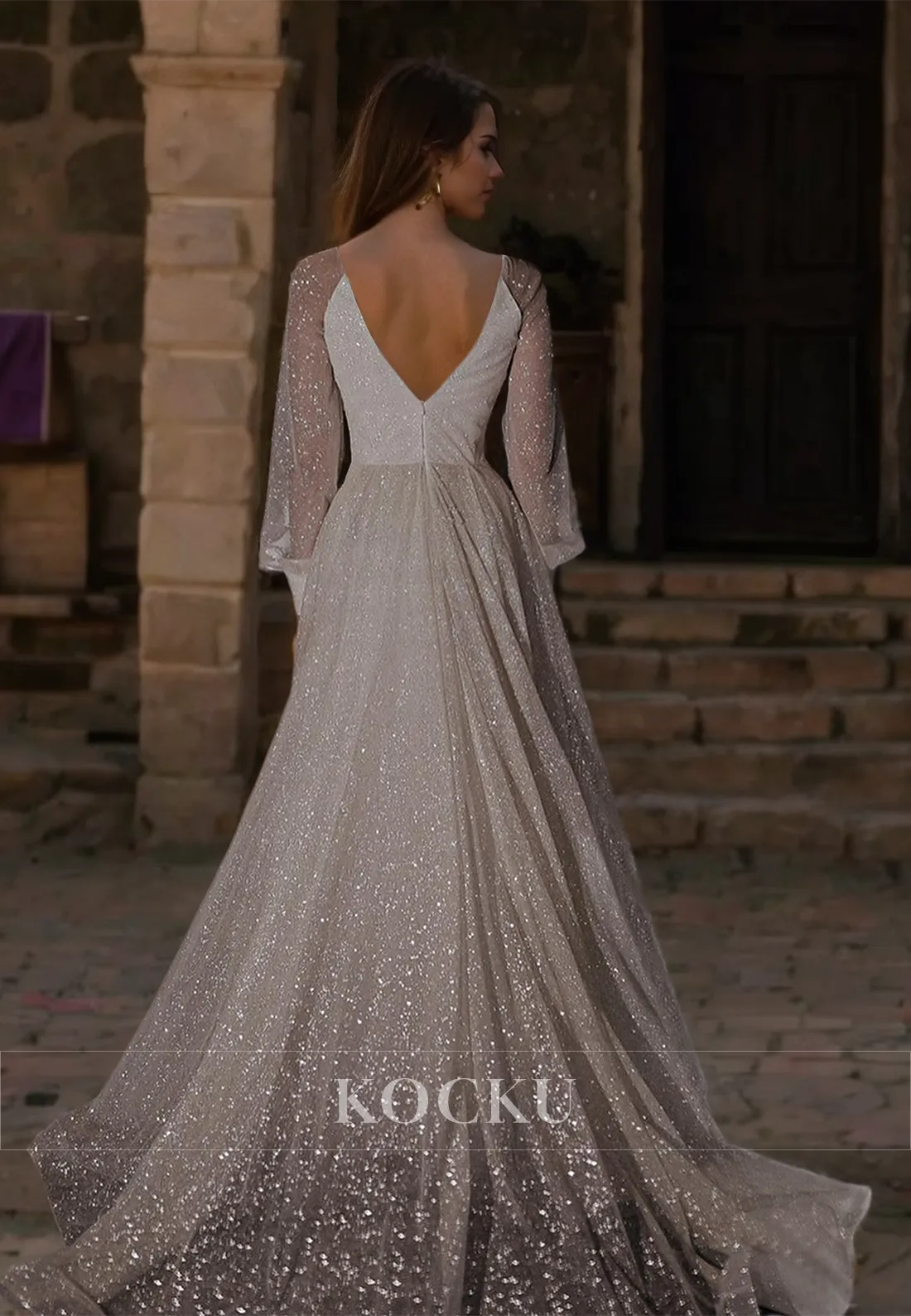 A-Line V-Neck Long Sleeves Brush Train Glitter Pleated Lace Wedding Dress Beach Gowns with High Slit