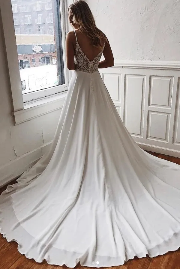 A Line V Neck White Chiffon Beach Wedding Dress