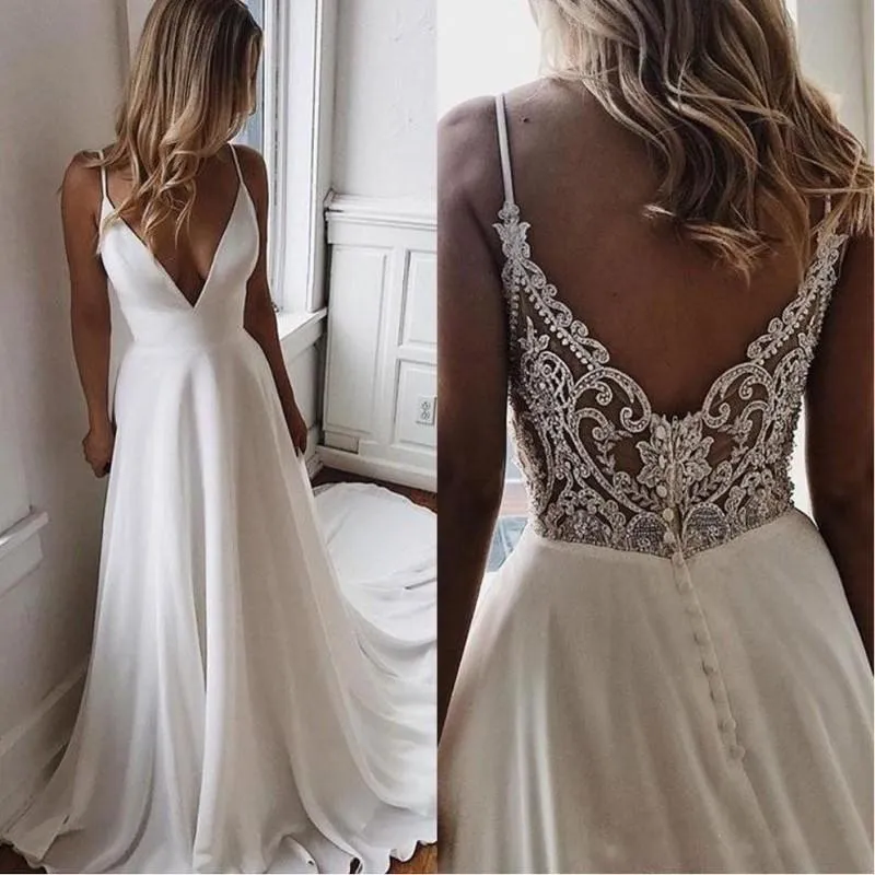 A Line V Neck White Chiffon Beach Wedding Dress