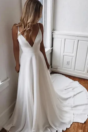 A Line V Neck White Chiffon Beach Wedding Dress