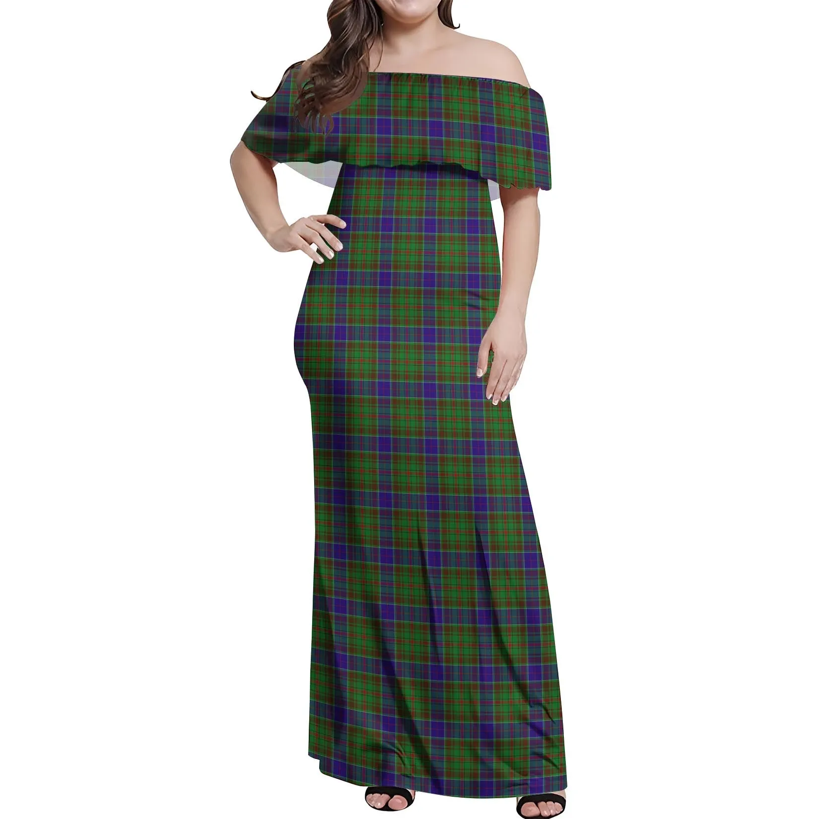 Adam Tartan Off Shoulder Long Dress