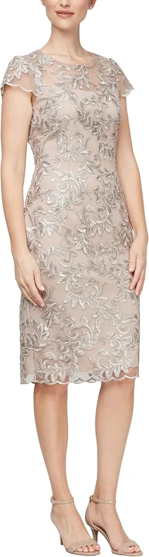 Alex Evenings Women's Short Knee Length Floral Embroidered Cocktail Sheath, Wedding Guest Dress, (Petite and Regular Sizes)