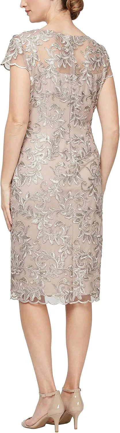 Alex Evenings Women's Short Knee Length Floral Embroidered Cocktail Sheath, Wedding Guest Dress, (Petite and Regular Sizes)