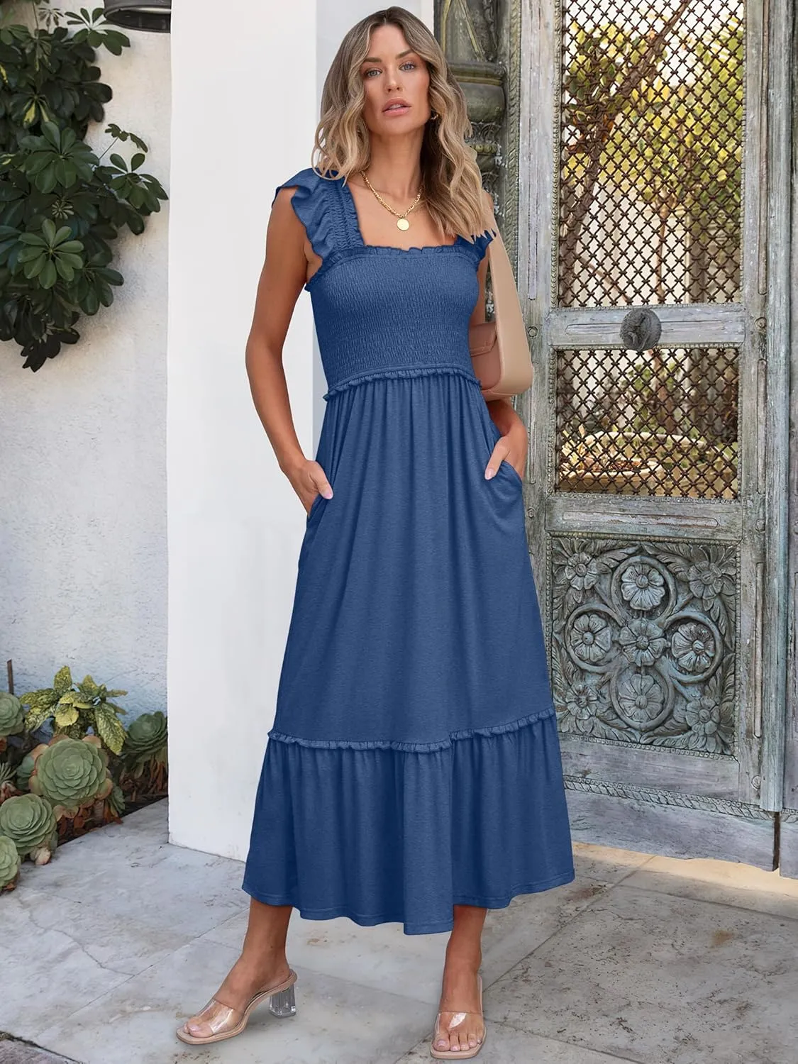 ANRABESS Womens Summer Sleeveless Maxi Dress Square Neck Smocked Boho Casual Ruffle Strap Flowy A-Line Long Beach Sundress