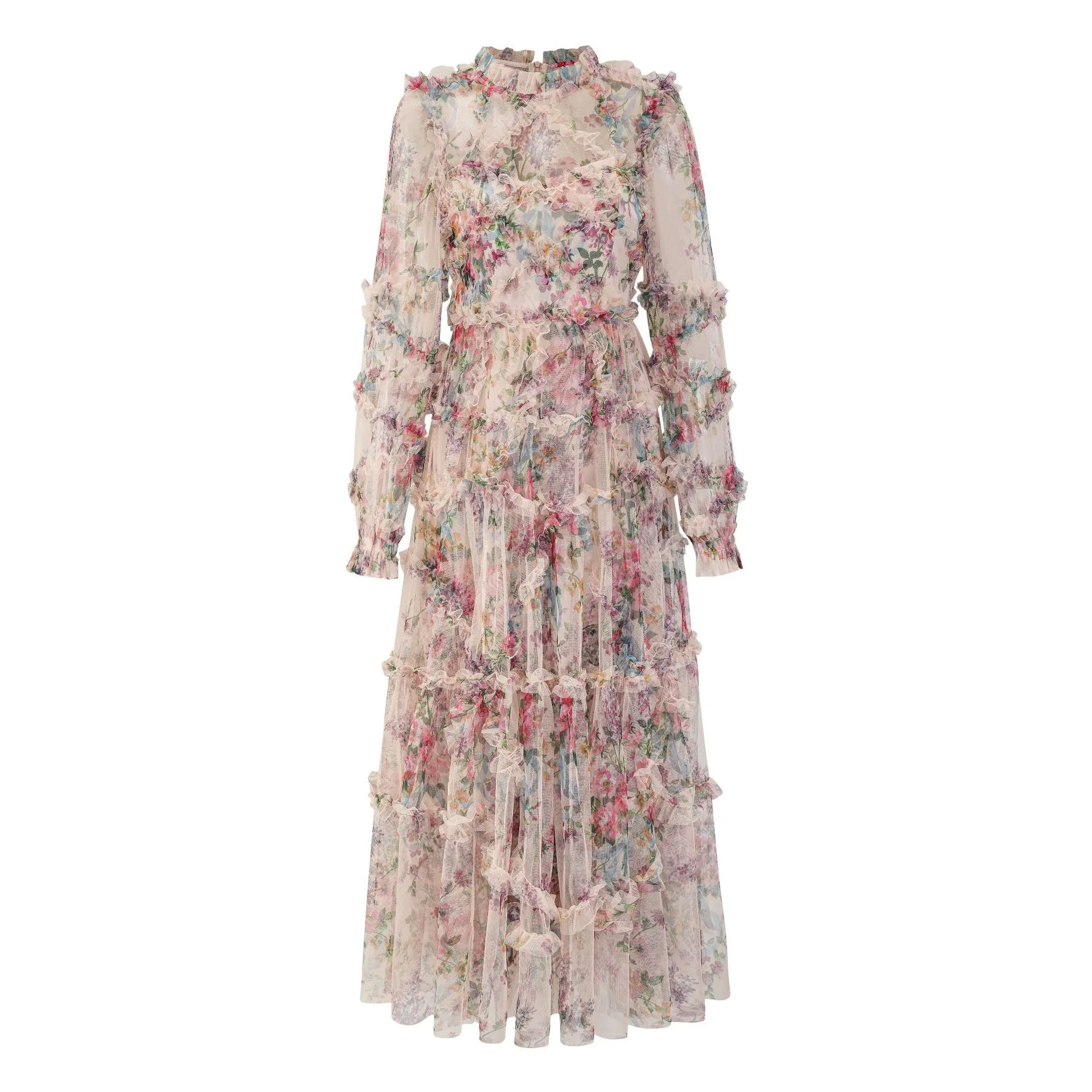 Apricot Floral Long Sleeves Tulle Tiered Ruffle Wedding Guest Dresses