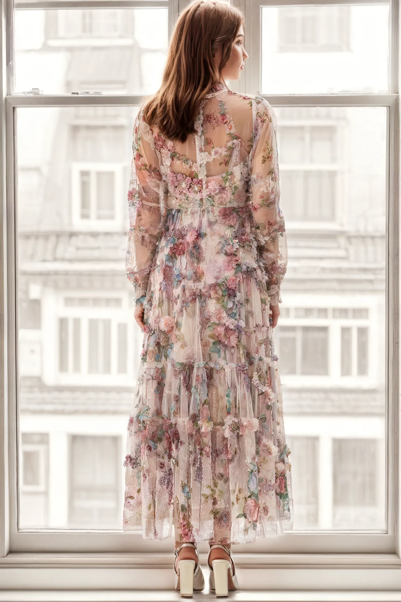 Apricot Floral Long Sleeves Tulle Tiered Ruffle Wedding Guest Dresses