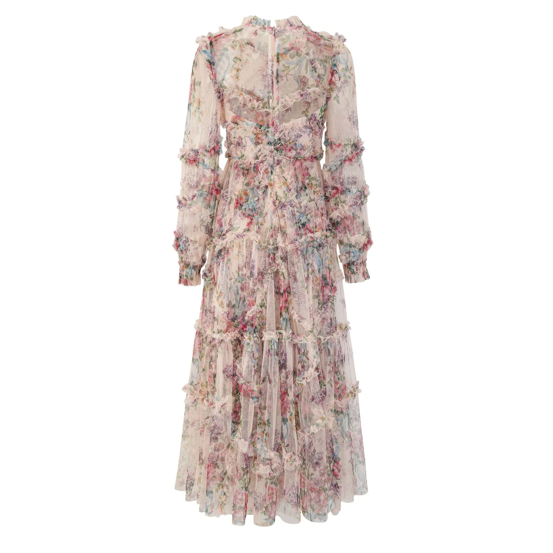 Apricot Floral Long Sleeves Tulle Tiered Ruffle Wedding Guest Dresses