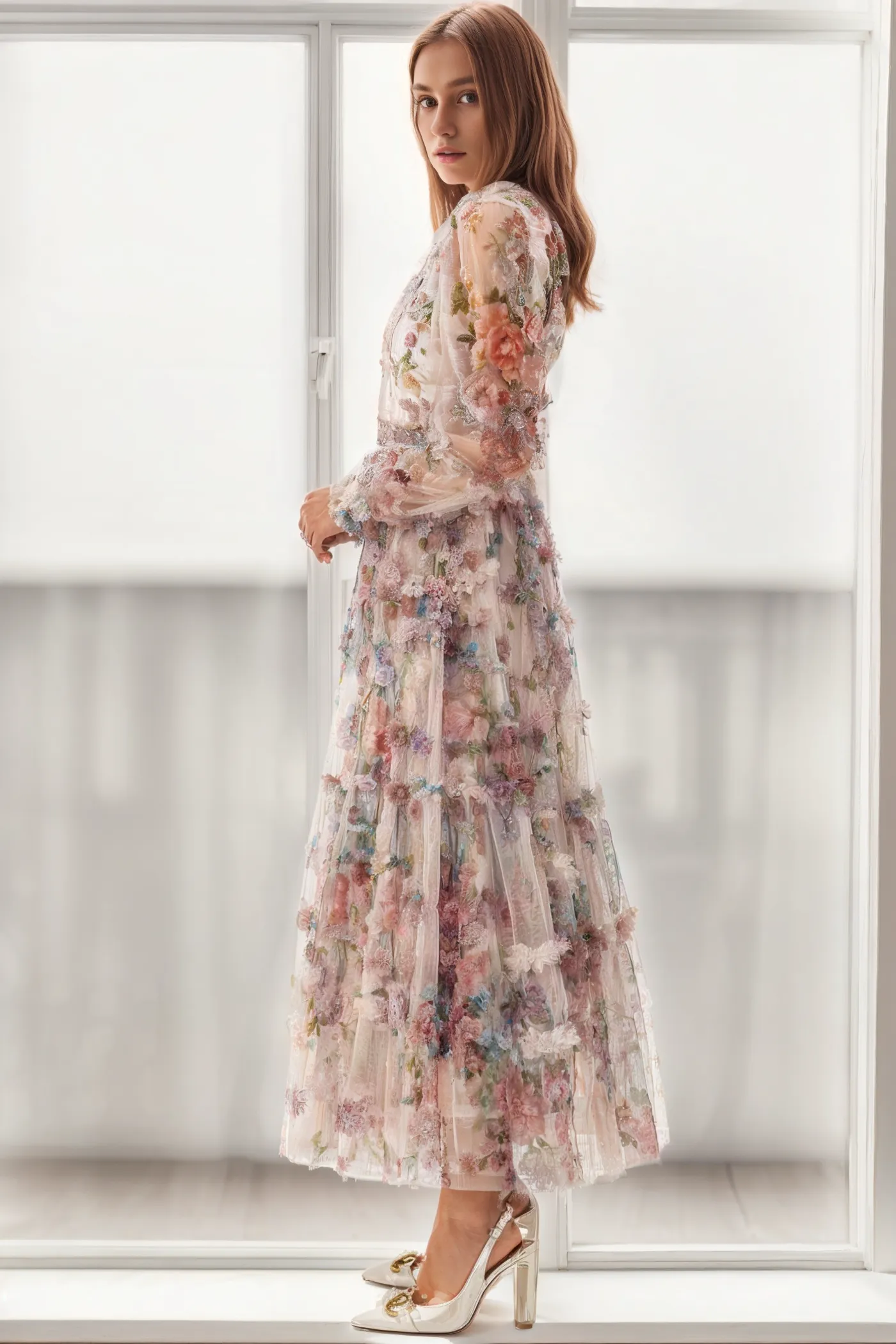 Apricot Floral Long Sleeves Tulle Tiered Ruffle Wedding Guest Dresses