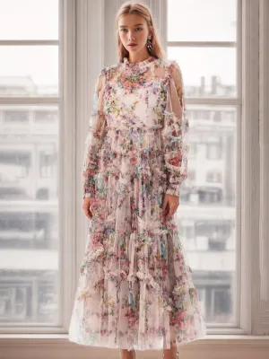 Apricot Floral Long Sleeves Tulle Tiered Ruffle Wedding Guest Dresses