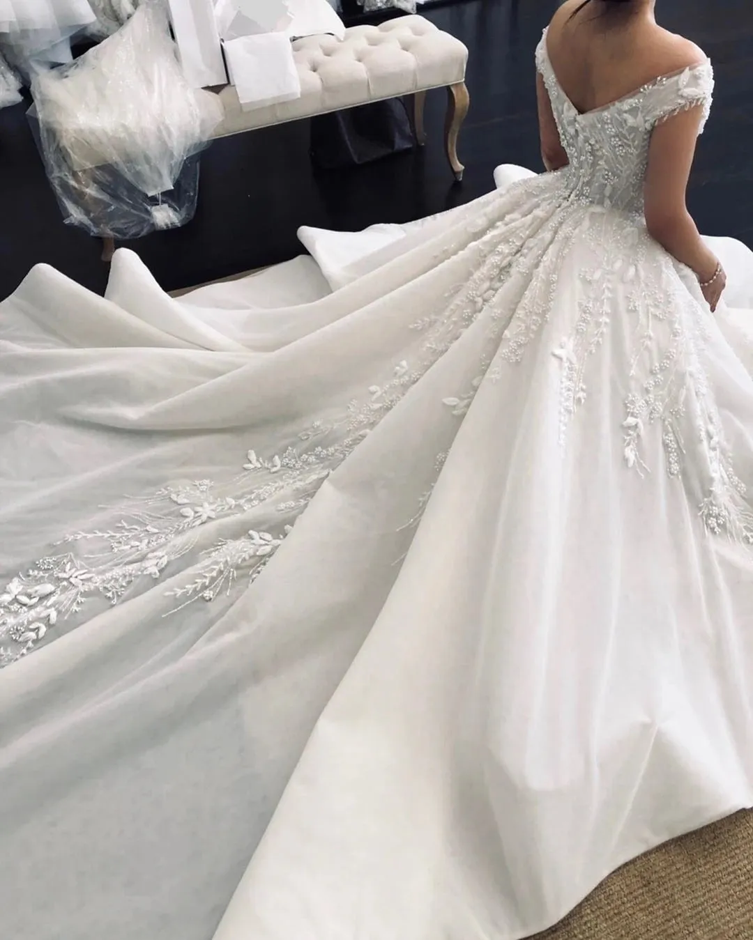 Ball Gown Off The Shoulder Princess Wedding Dress With Beading