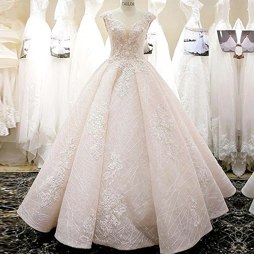 Ball Gown V-neck Elegant Appliques Lace Flowers Princess Wedding Dress