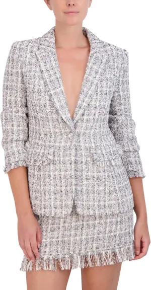 BCBGMAXAZRIA Women's 3/4 Sleeve V Neck Tweed Blazer Jacket