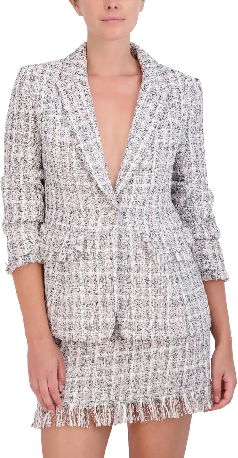 BCBGMAXAZRIA Women's 3/4 Sleeve V Neck Tweed Blazer Jacket