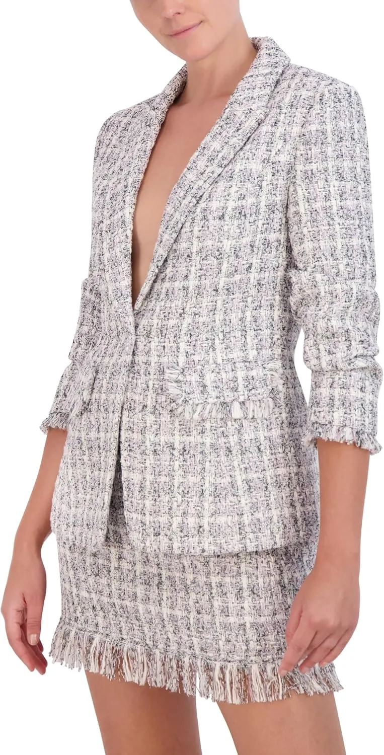 BCBGMAXAZRIA Women's 3/4 Sleeve V Neck Tweed Blazer Jacket