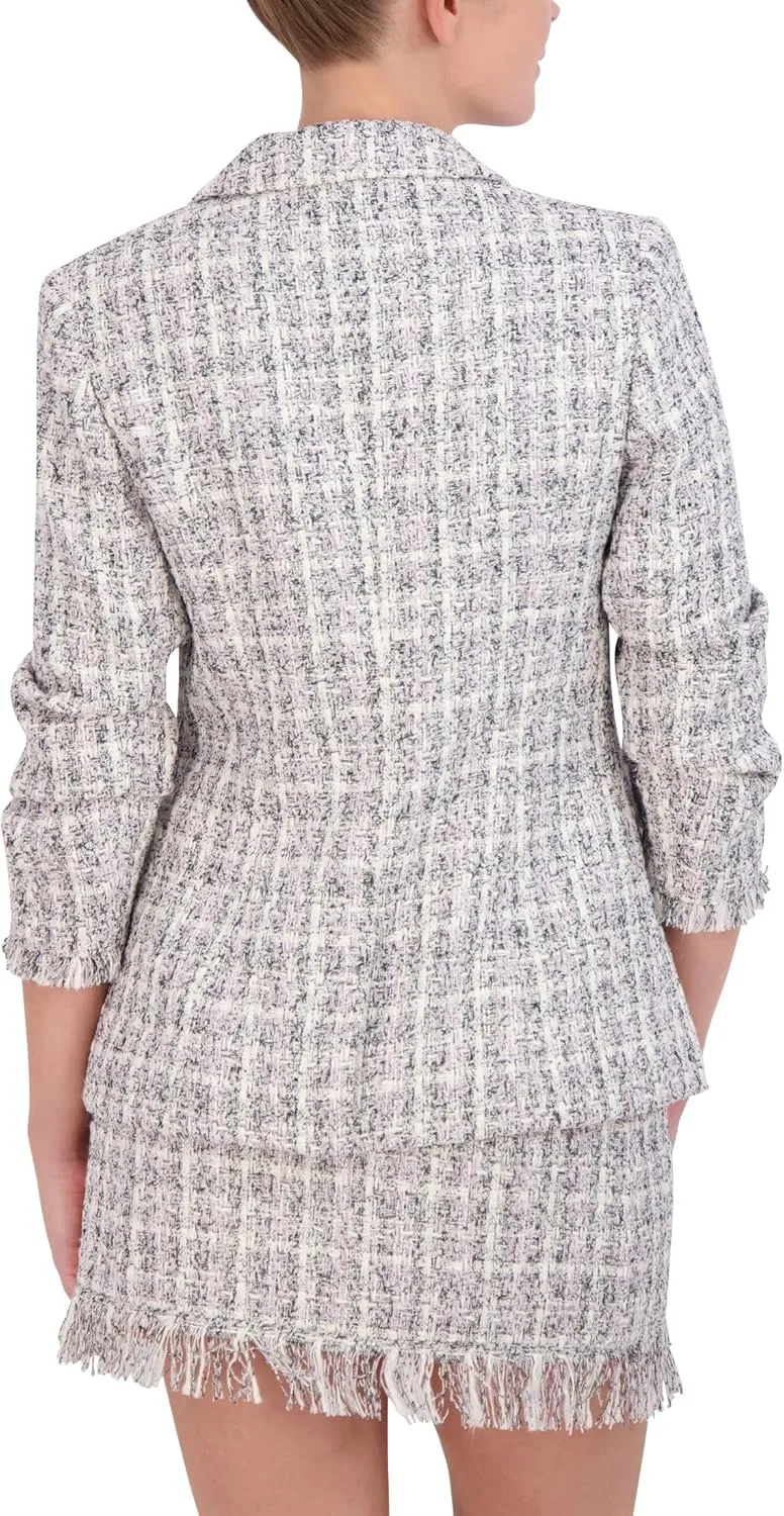 BCBGMAXAZRIA Women's 3/4 Sleeve V Neck Tweed Blazer Jacket