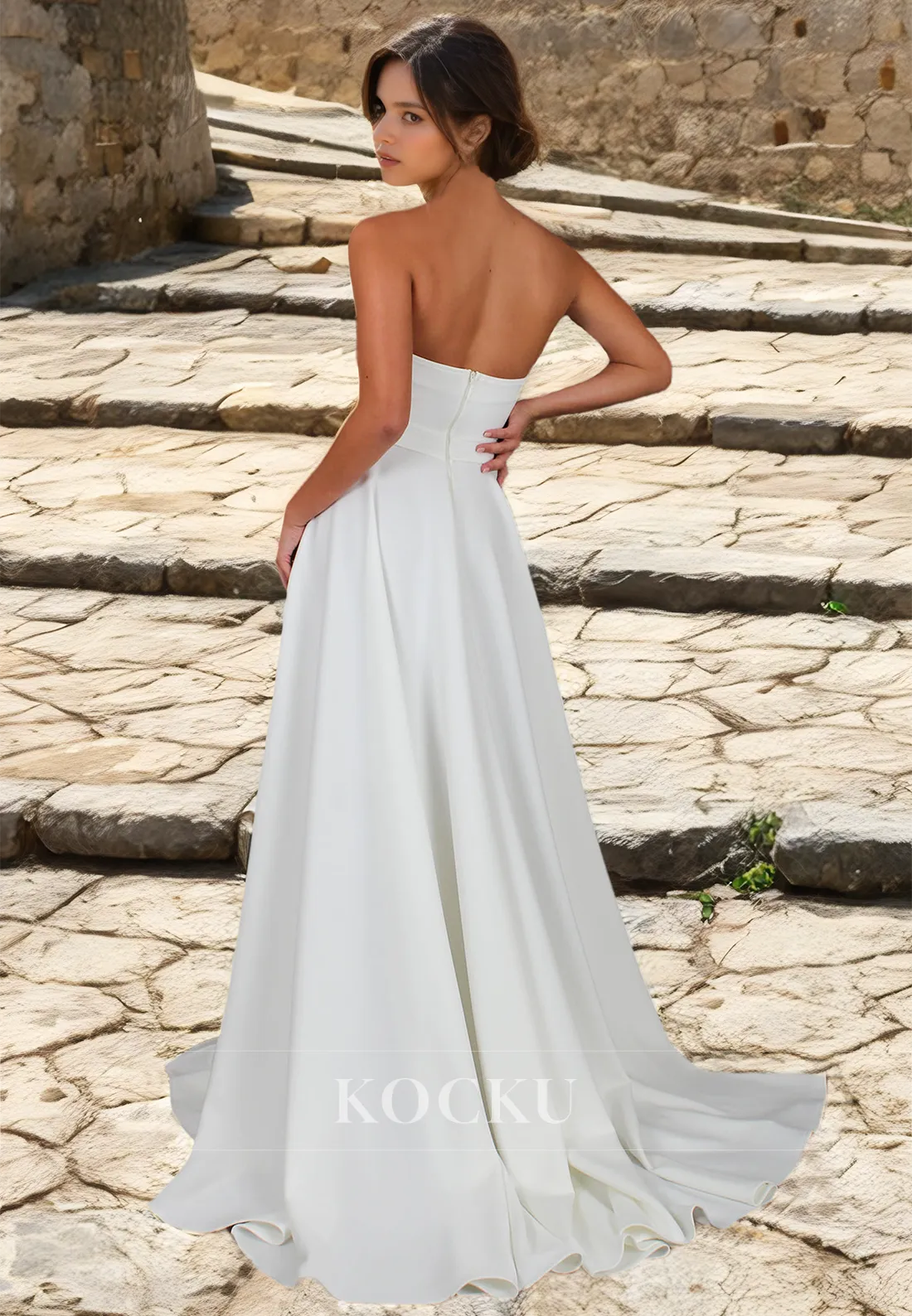 Beach A-Line Sweetheart Wedding Dress Sleeveless High Split Pleated Satin Boho Gowns with Train