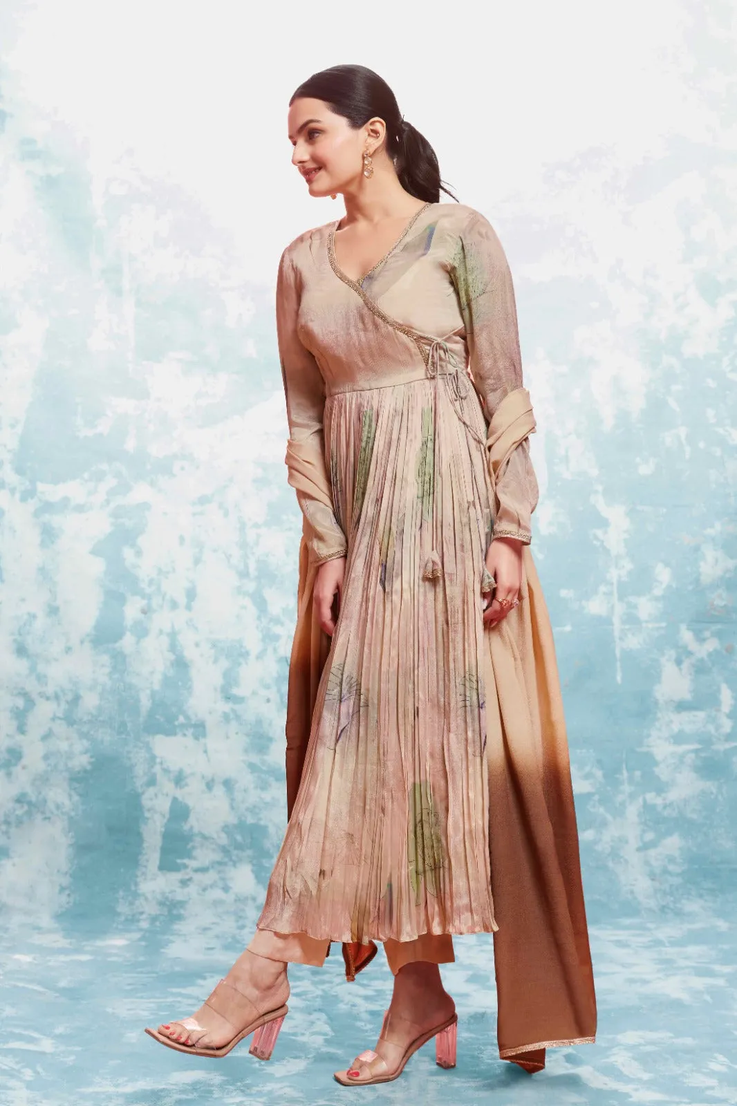 Beige Chinon Silk Dress with Printed Work and Matching Dupatta – Ready to Wear