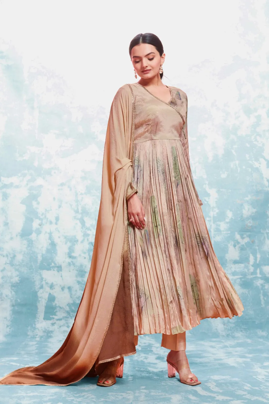 Beige Chinon Silk Dress with Printed Work and Matching Dupatta – Ready to Wear