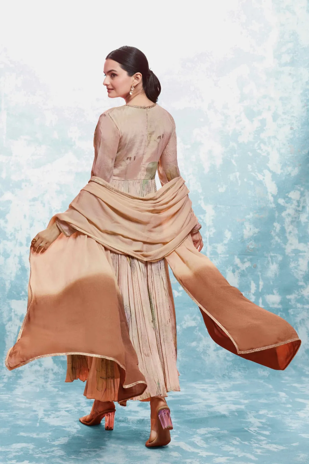 Beige Chinon Silk Dress with Printed Work and Matching Dupatta – Ready to Wear