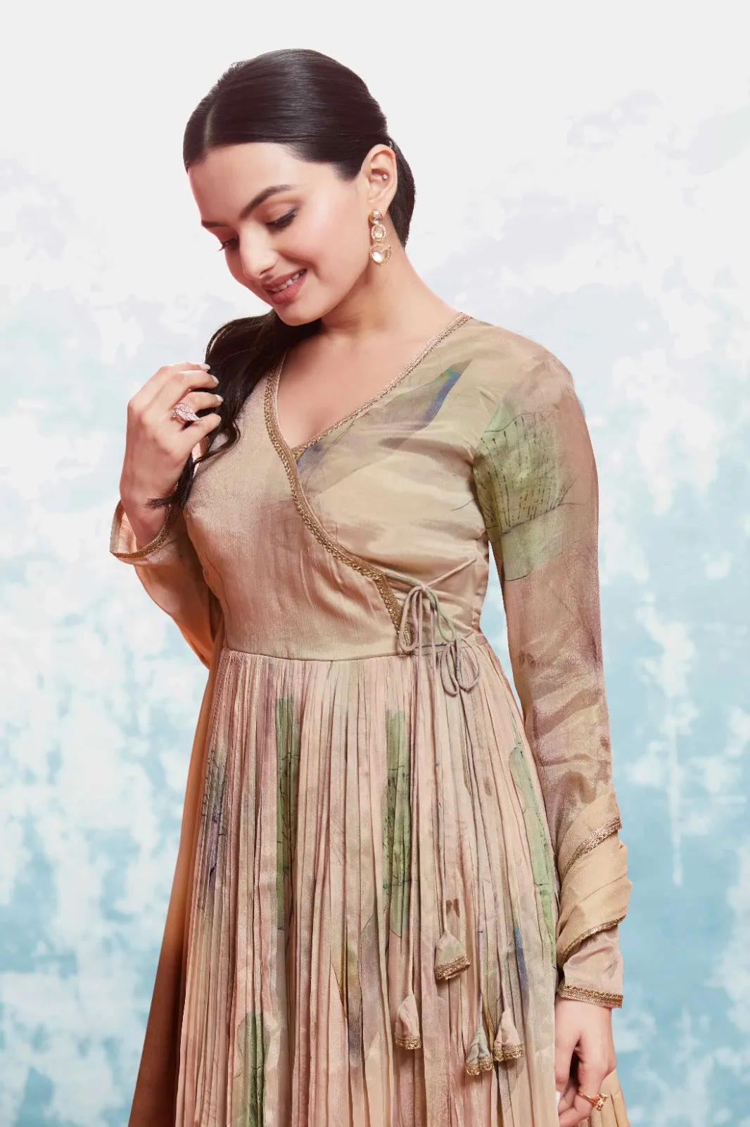 Beige Chinon Silk Dress with Printed Work and Matching Dupatta – Ready to Wear