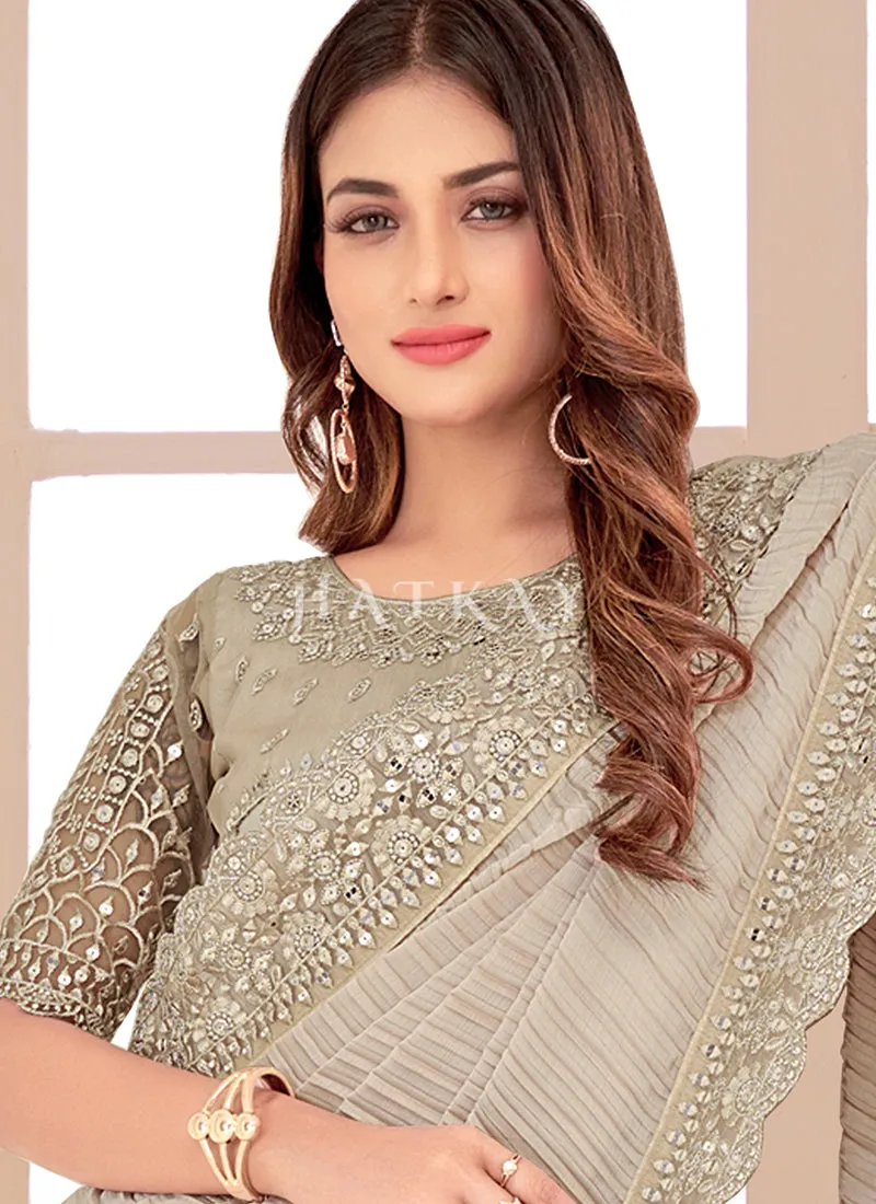 Beige Resham Embroidered Traditional Wedding Saree