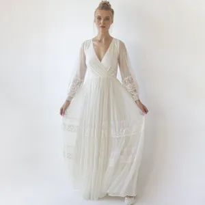 Bestseller Ivory Wrap Lace Wedding Dress With Chiffon Mesh Sleeves