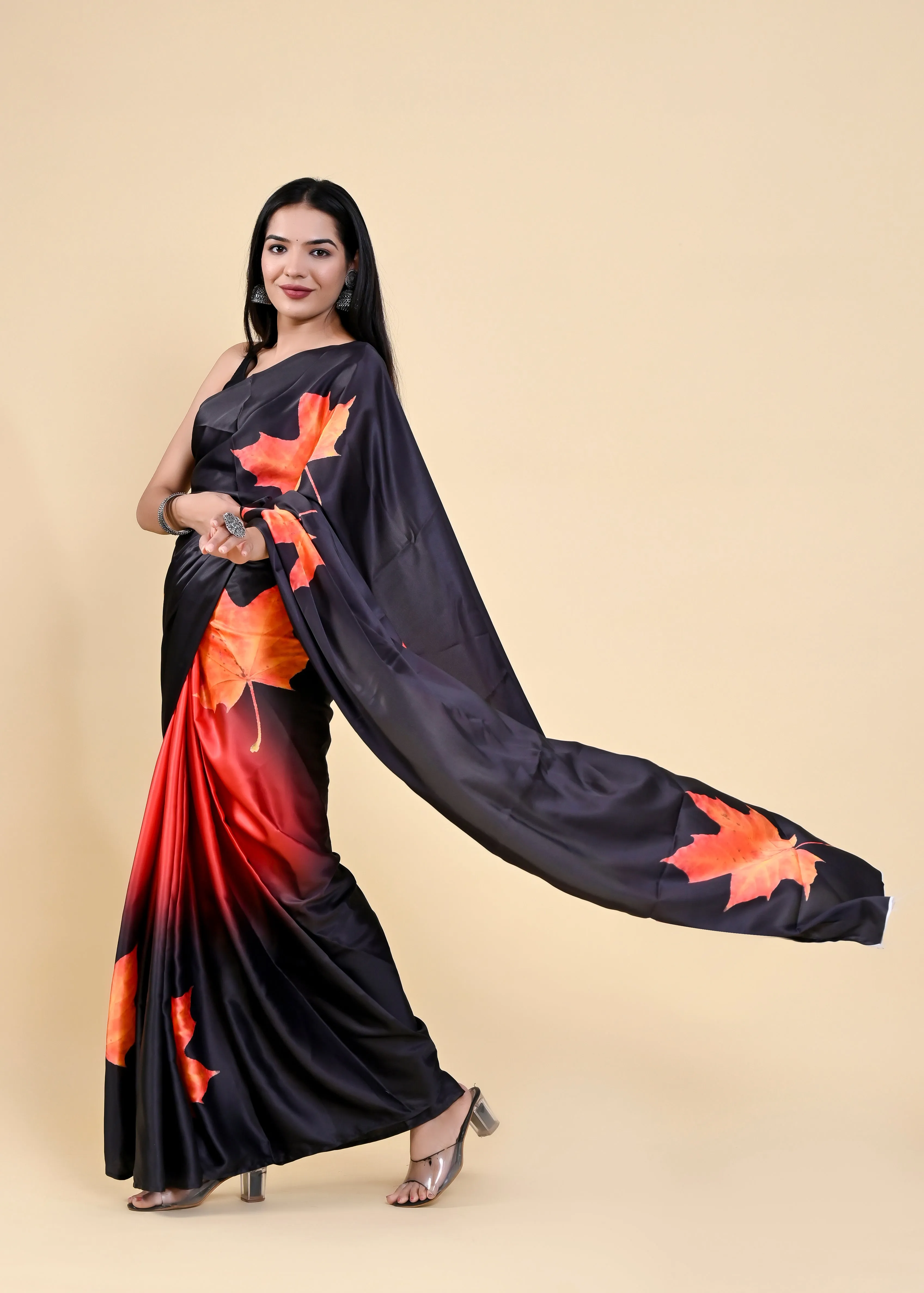 Black & Orange Floral Digital Printed Heavy Satin Silk Saree with Silk Blouse