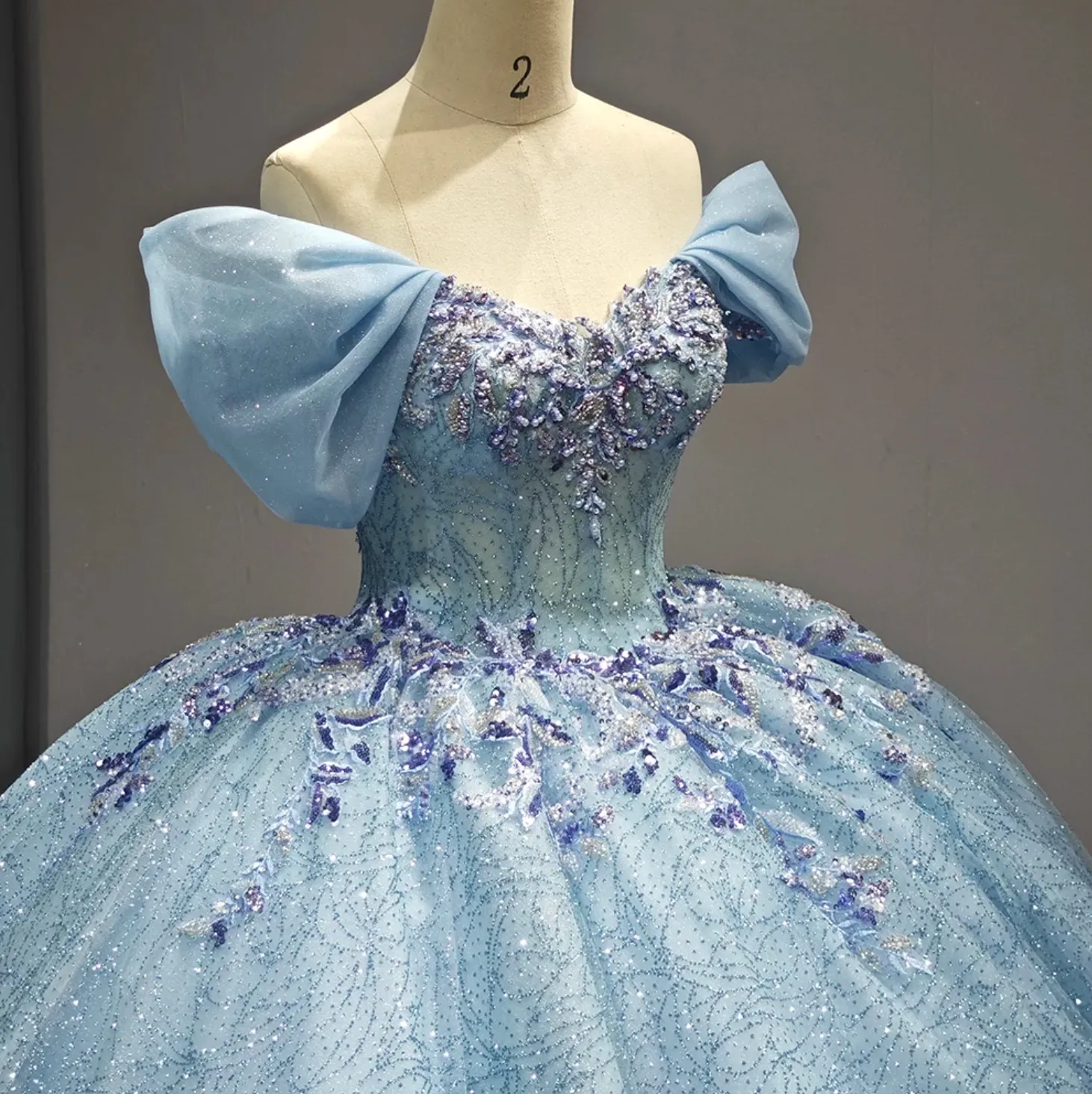 Blue V-neck Tulle Tiered Puff Sleeves Ball Gown Quinceanera Dress