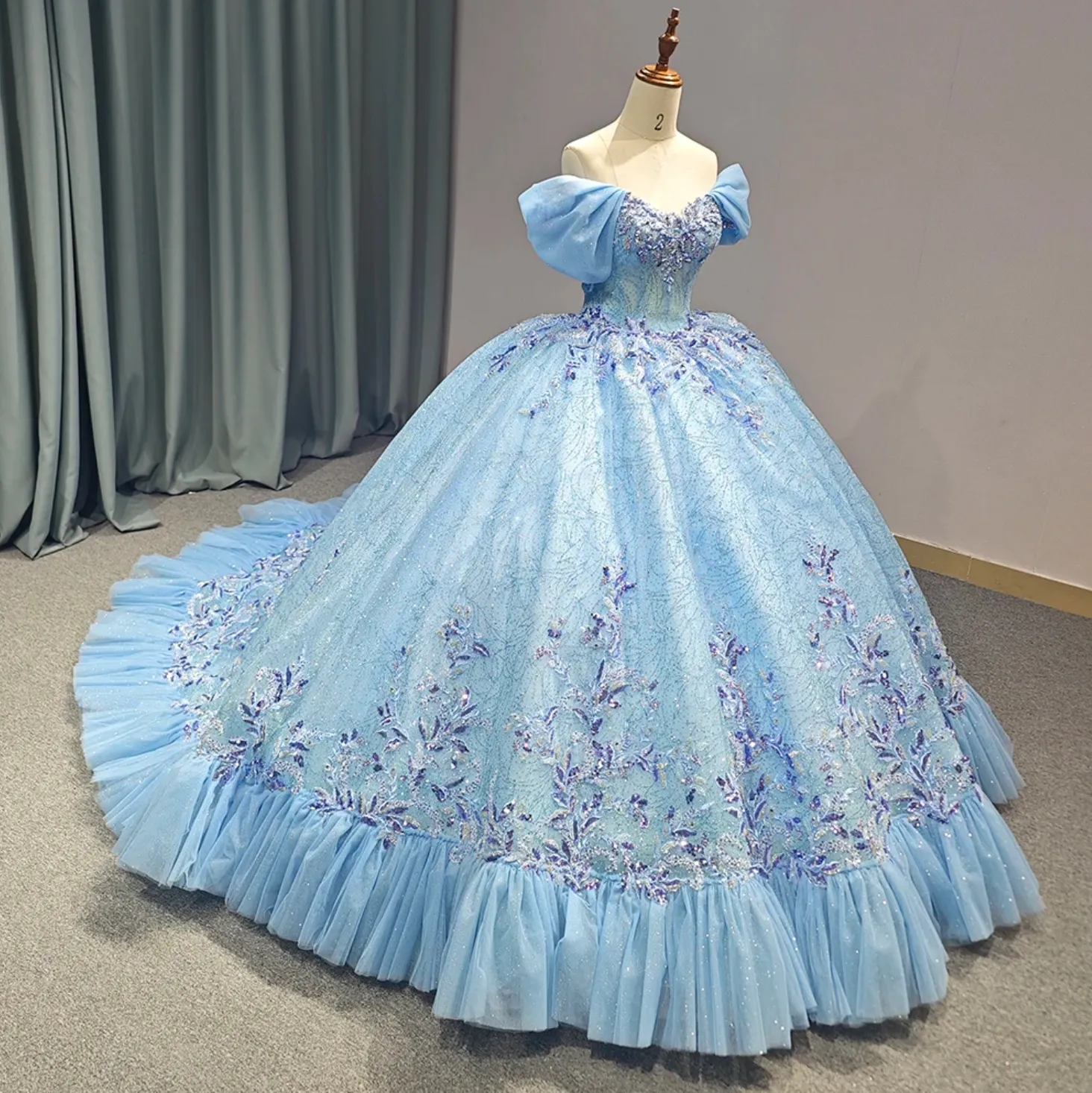 Blue V-neck Tulle Tiered Puff Sleeves Ball Gown Quinceanera Dress