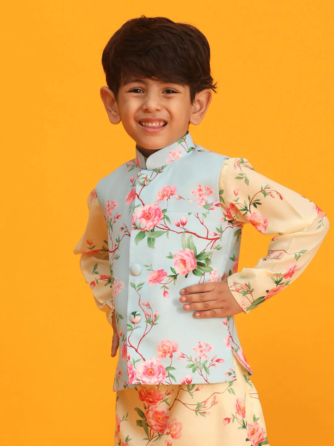 Boy's Multicolor Base Aqua Nehru Jacket - Vastramay Boys