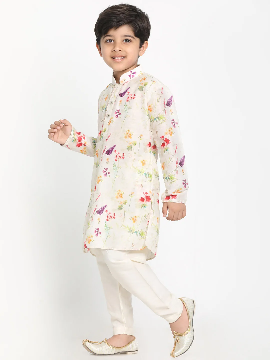 Boy's Multicolor-Base-Cream Cotton Blend Kurta Pyjama Set - JBN Creation