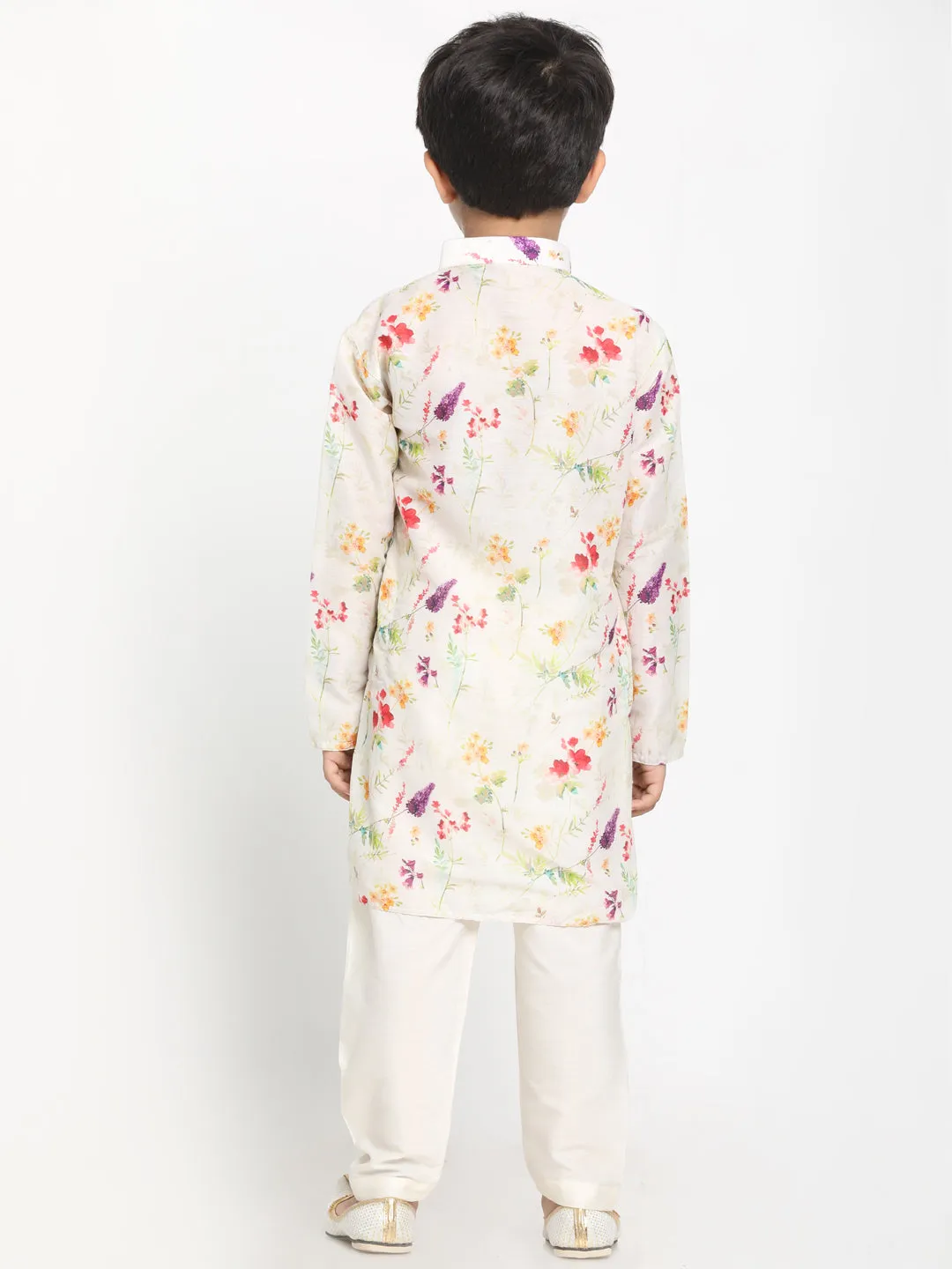 Boy's Multicolor-Base-Cream Cotton Blend Kurta Pyjama Set - JBN Creation