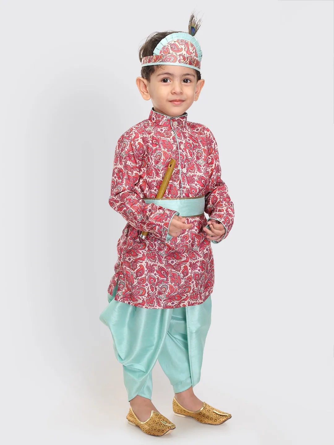 Boy's Multicolor-Base-Pink And Mint Kurta And Dhoti Set - Vastramay Boys