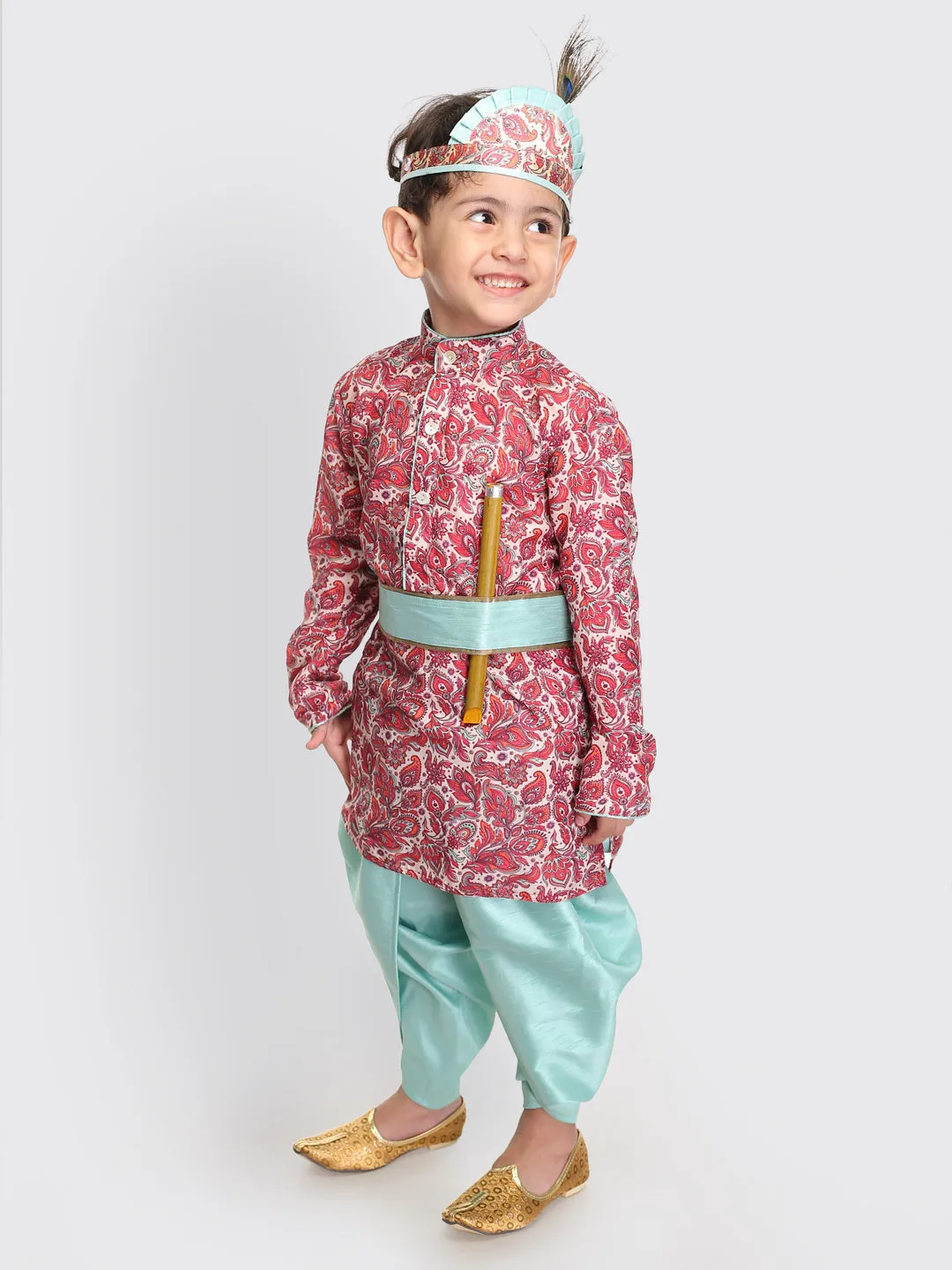 Boy's Multicolor-Base-Pink And Mint Kurta And Dhoti Set - Vastramay Boys