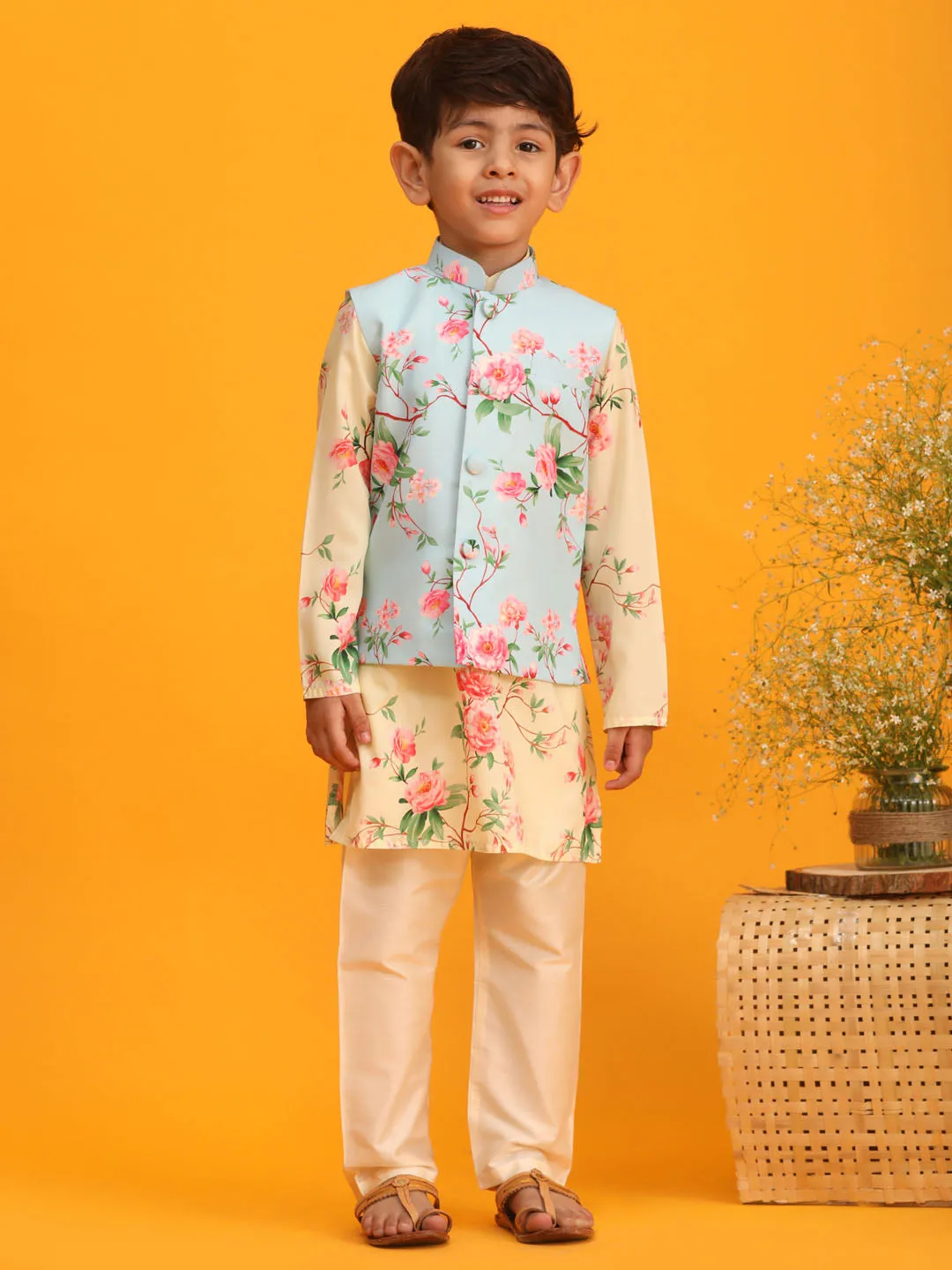 Boy's Multicolor Base Yellow Jacket, Kurta And Pyjama Set - Vastramay Boys