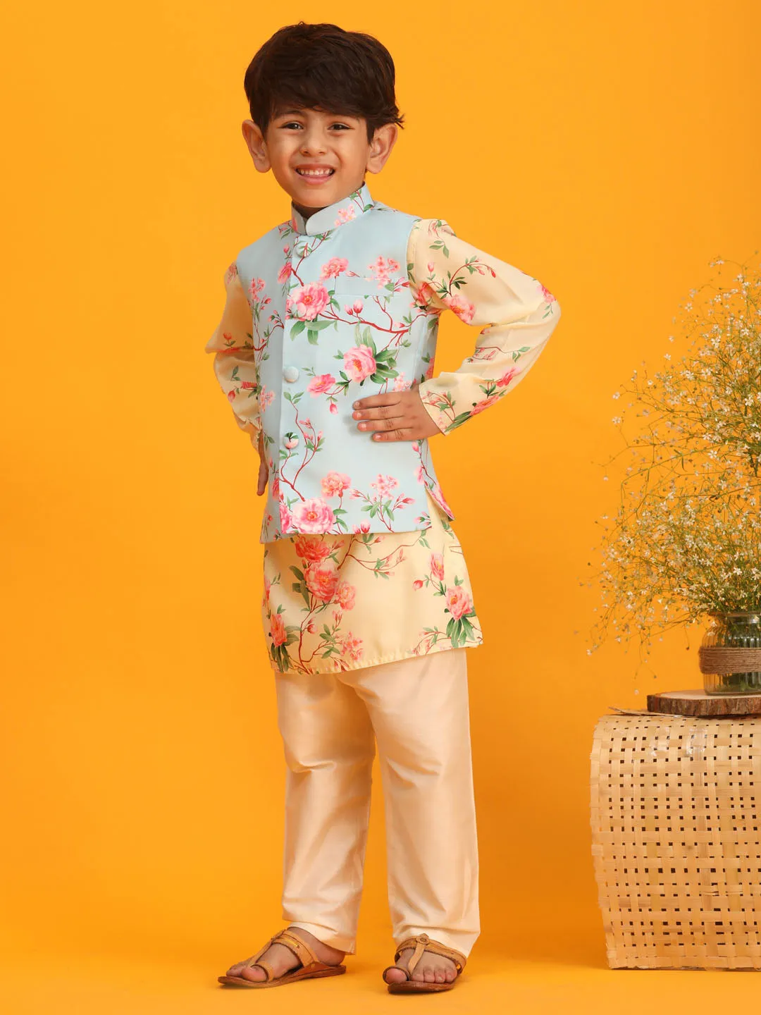 Boy's Multicolor Base Yellow Jacket, Kurta And Pyjama Set - Vastramay Boys