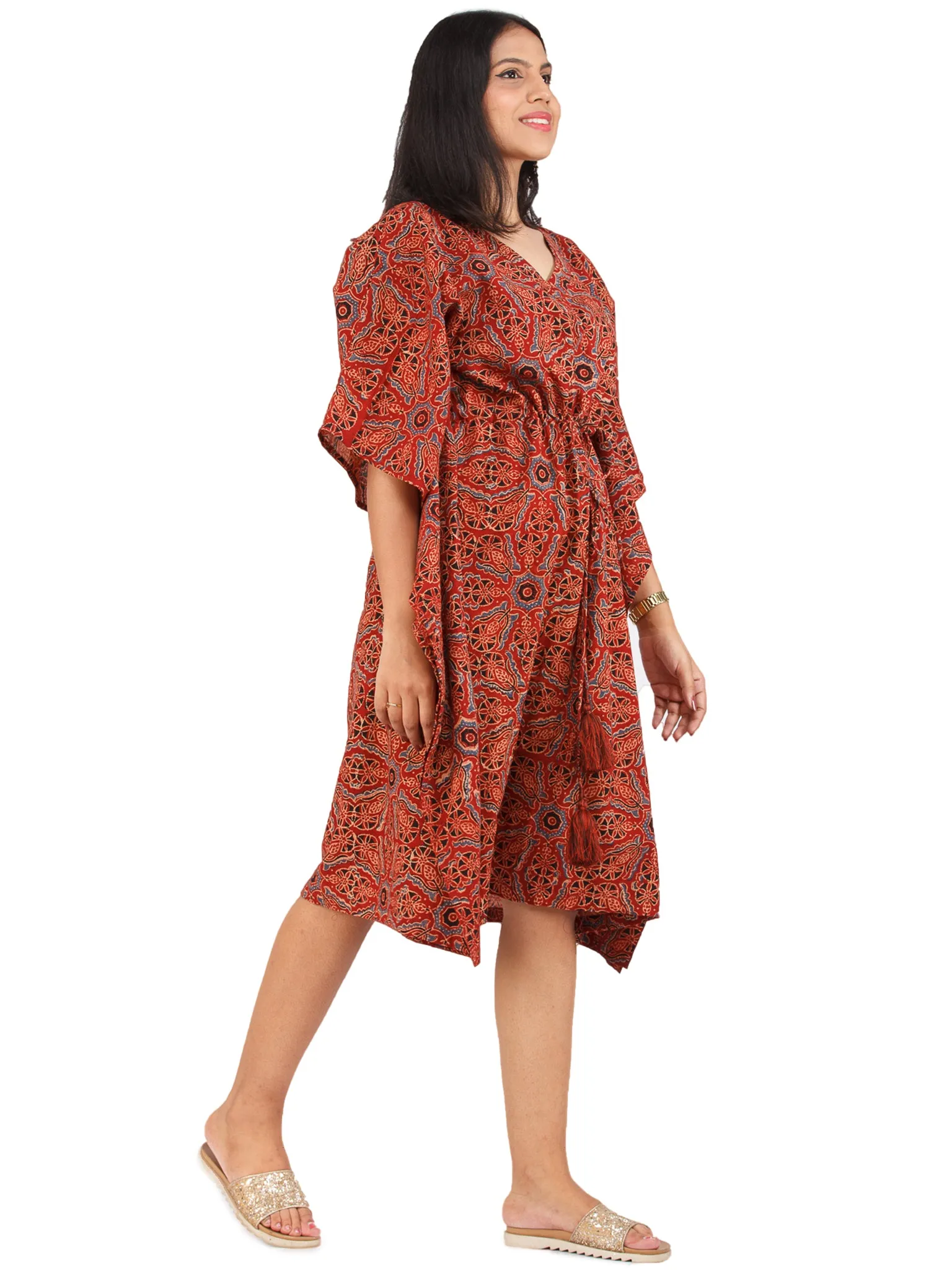 Brick Red Black Blue Ajrakh Hand Block Printed Kaftan - K153F1582