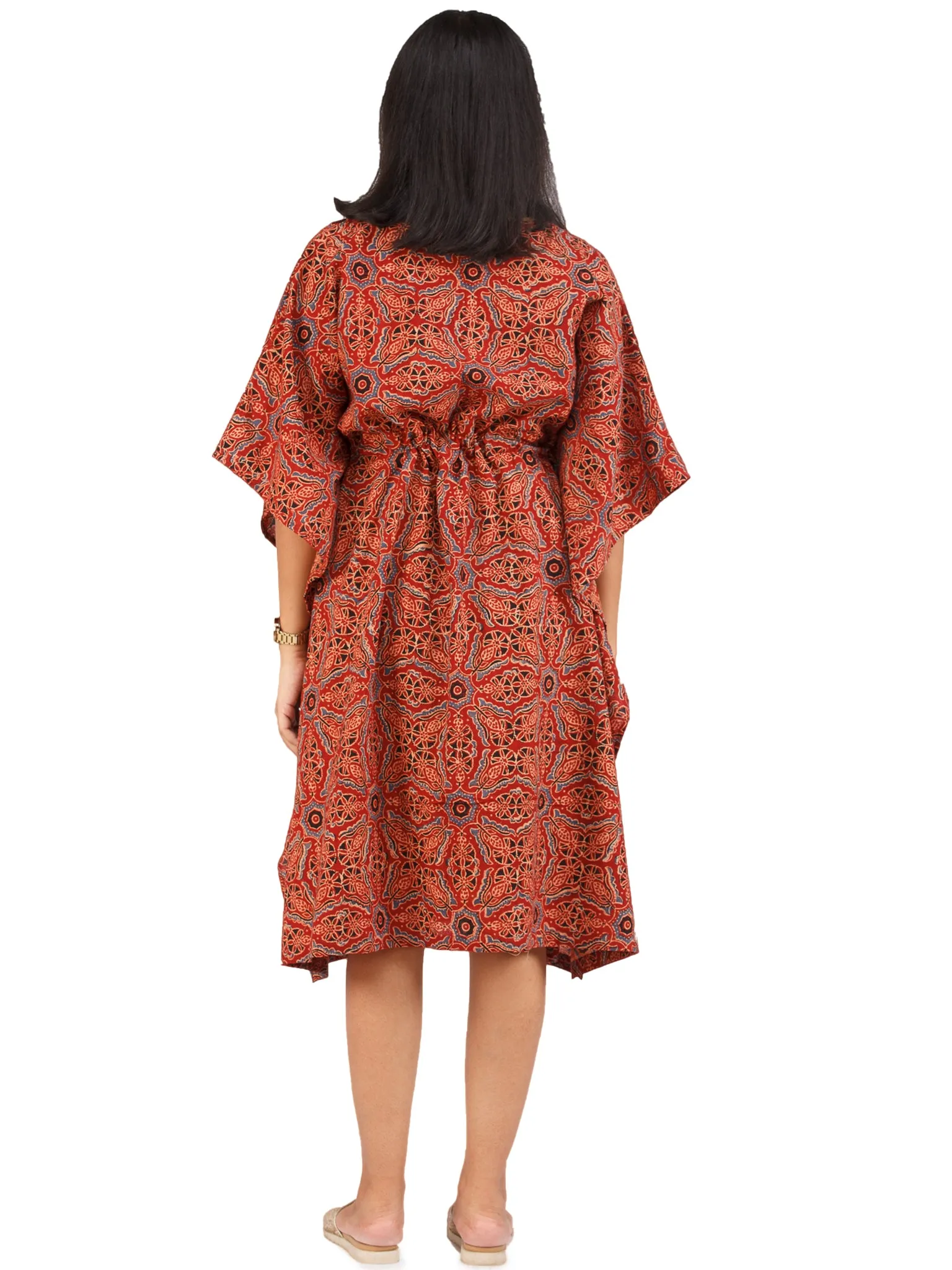Brick Red Black Blue Ajrakh Hand Block Printed Kaftan - K153F1582
