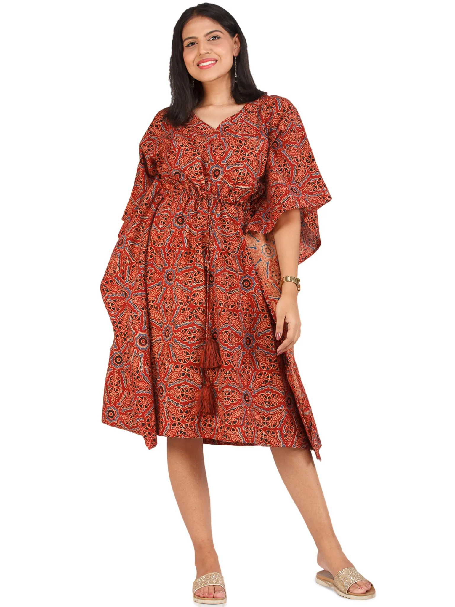 Brick Red Black Blue Ajrakh Hand Block Printed Kaftan - K153F1582