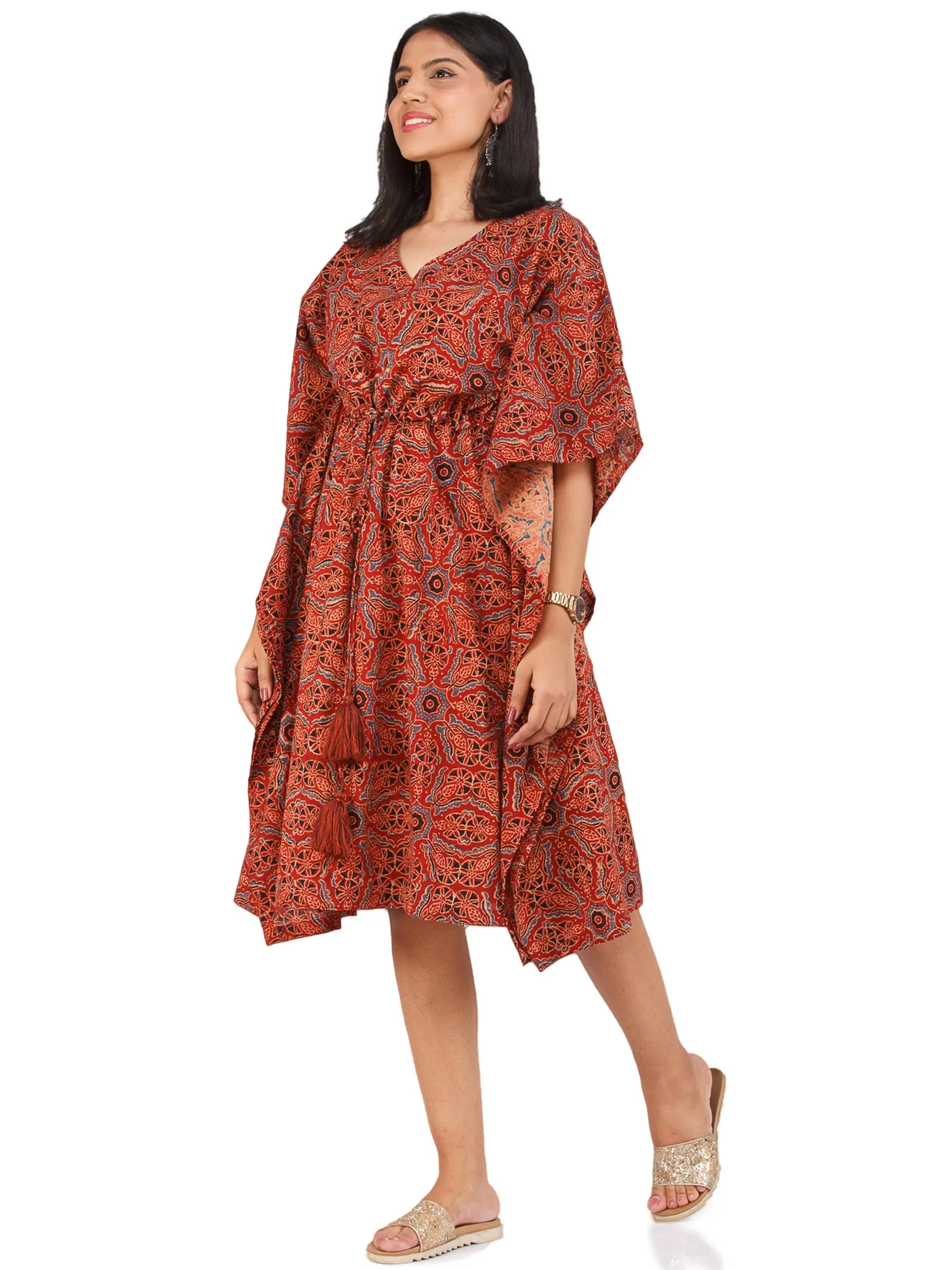 Brick Red Black Blue Ajrakh Hand Block Printed Kaftan - K153F1582