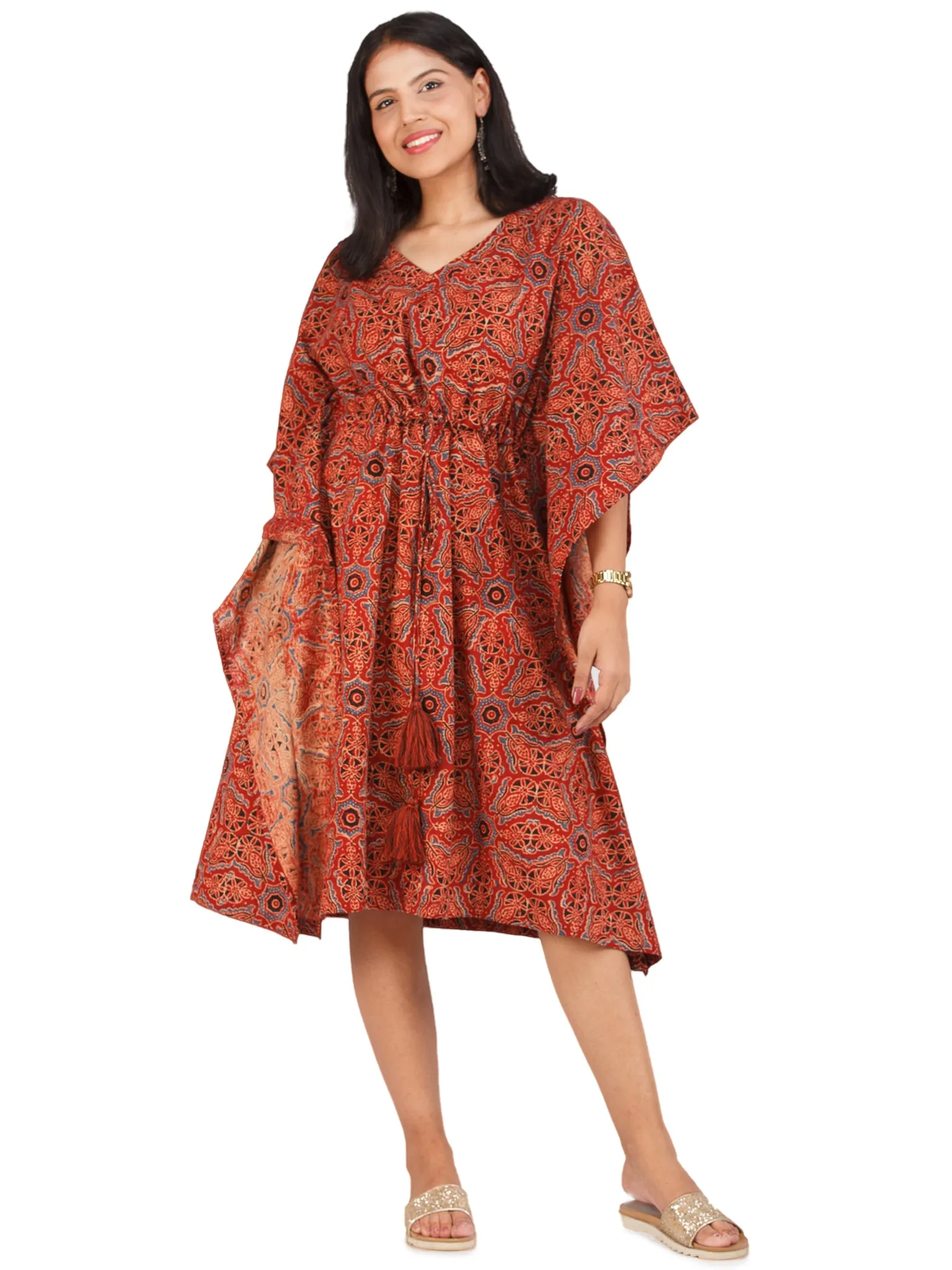 Brick Red Black Blue Ajrakh Hand Block Printed Kaftan - K153F1582