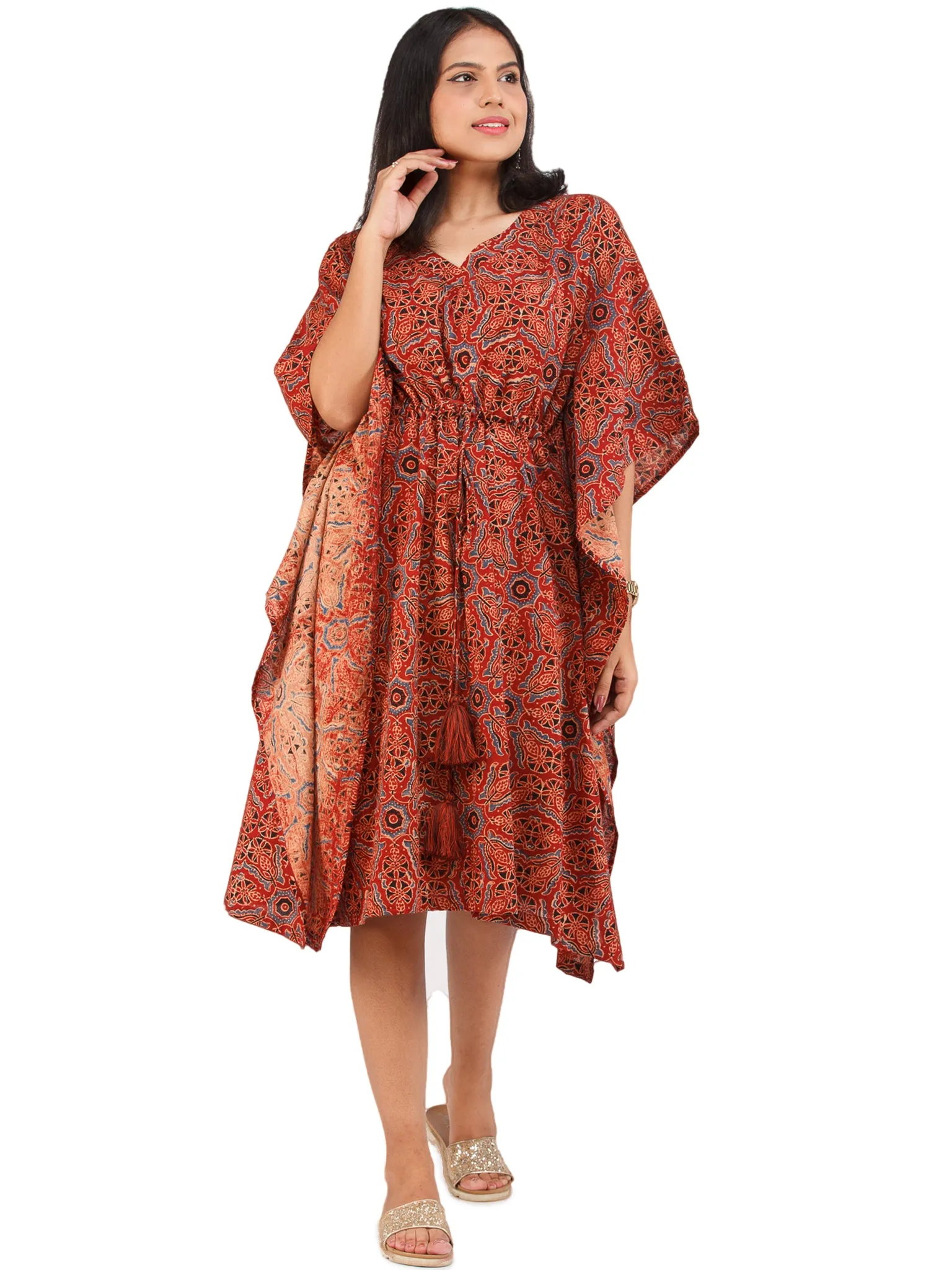 Brick Red Black Blue Ajrakh Hand Block Printed Kaftan - K153F1582